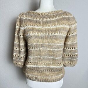 Vintage Jabe Made in Italy Open Knit Metallic Sweater Puff 3/4 Sleeve Brown